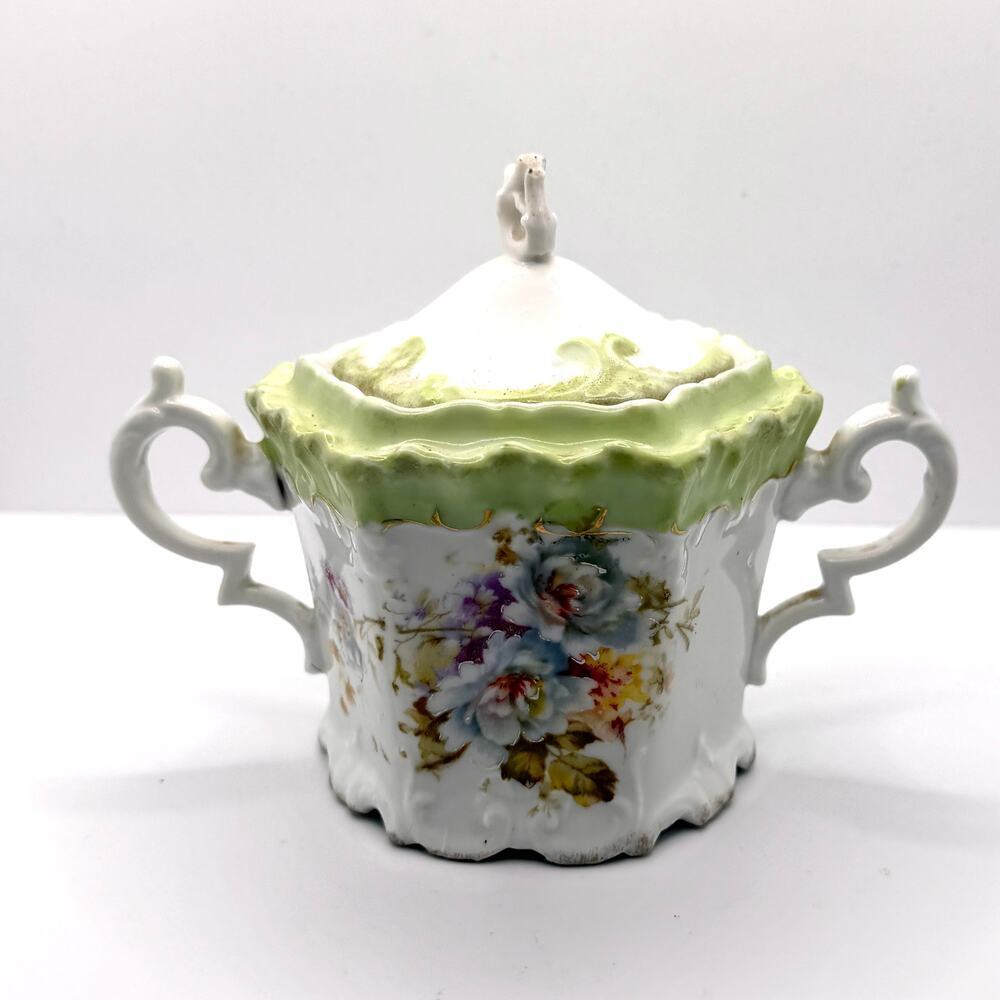 Vintage 1900s RS Prussia White Green Porcelain Art Nouveau Sugar Bowl
